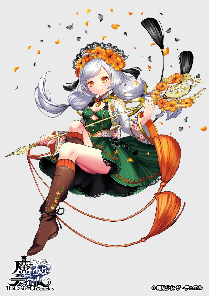 ahoge boots breasts brown_footwear cleavage copyright_name dress floral_print flower full_body gem green_dress grey_background hair_flower hair_ornament holding holding_staff invisible_chair knee_boots knee_up long_hair long_sleeves low-tied_long_hair matsurika_youko official_art orange_eyes simple_background sitting small_breasts smile staff the_caster_chronicles twintails watermark white_hair
