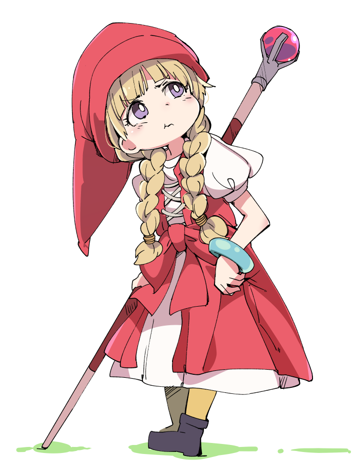 :t blonde_hair braid child closed_mouth dragon_quest dragon_quest_xi dress hair_over_shoulder hat ixy long_hair looking_up pout pouty_lips purple_eyes red_dress red_hat simple_background solo staff standing twin_braids veronica_(dq11) white_background