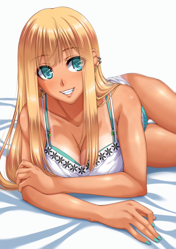 :d aqua_bra aqua_eyes aqua_nails bad_id bad_pixiv_id bare_arms bare_shoulders bed_sheet blonde_hair bra breasts camisole chiro cleavage commentary_request ear_clip eyebrows_visible_through_hair eyes_visible_through_hair grin large_breasts long_hair looking_at_viewer lying nail_polish open_mouth original panties smile solo tan tanline teeth thigh_gap underwear