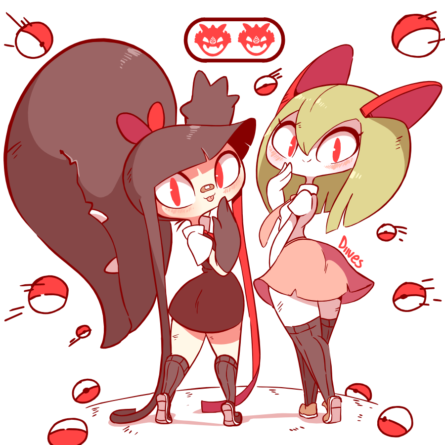 2girls arm_up artist_name bandaid bandaid_on_face black_dress black_footwear black_hair black_legwear blush breasts brown_footwear creatures_(company) diives dress extra_mouth female from_behind full_body game_freak gameplay_mechanics gen_3_pokemon green_hair hand_up happy kirlia kneehighs long_hair looking_back mawile motion_lines multicolored_hair multiple_girls necktie nintendo no_humans pink_neckwear pink_skirt poke_ball poke_ball_(generic) pokemon pokemon_(creature) pokemon_go red_eyes red_hair red_neckwear school_uniform sharp_teeth shiny shiny_hair shirt shoes short_sleeves signature simple_background skirt sleeveless sleeveless_dress small_breasts smile standing teeth thighhighs tongue tongue_out two-tone_hair uniform very_long_hair white_background white_shirt zettai_ryouiki