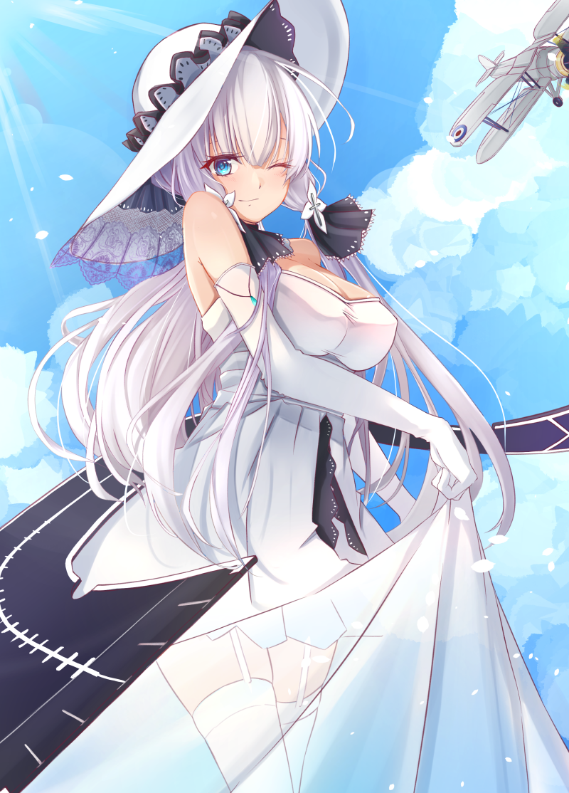 ahoge anchor_symbol azur_lane bangs bare_shoulders blue_eyes blue_sky blush breasts choker cleavage cloud collarbone commentary day dress elbow_gloves eyebrows_visible_through_hair flight_deck floating_hair garter_straps gloves hair_ornament hair_ribbon hands_together hat hinarioru illustrious_(azur_lane) jewelry lace-trimmed_hat large_breasts light_particles long_hair looking_at_viewer mole mole_under_eye one_eye_closed outdoors pendant ribbon sapphire_(stone) see-through sky smile solo sparkle strapless strapless_dress sun_hat thighhighs thighs tress_ribbon tri_tails water_drop white_dress white_gloves white_hair white_hat wind wind_lift