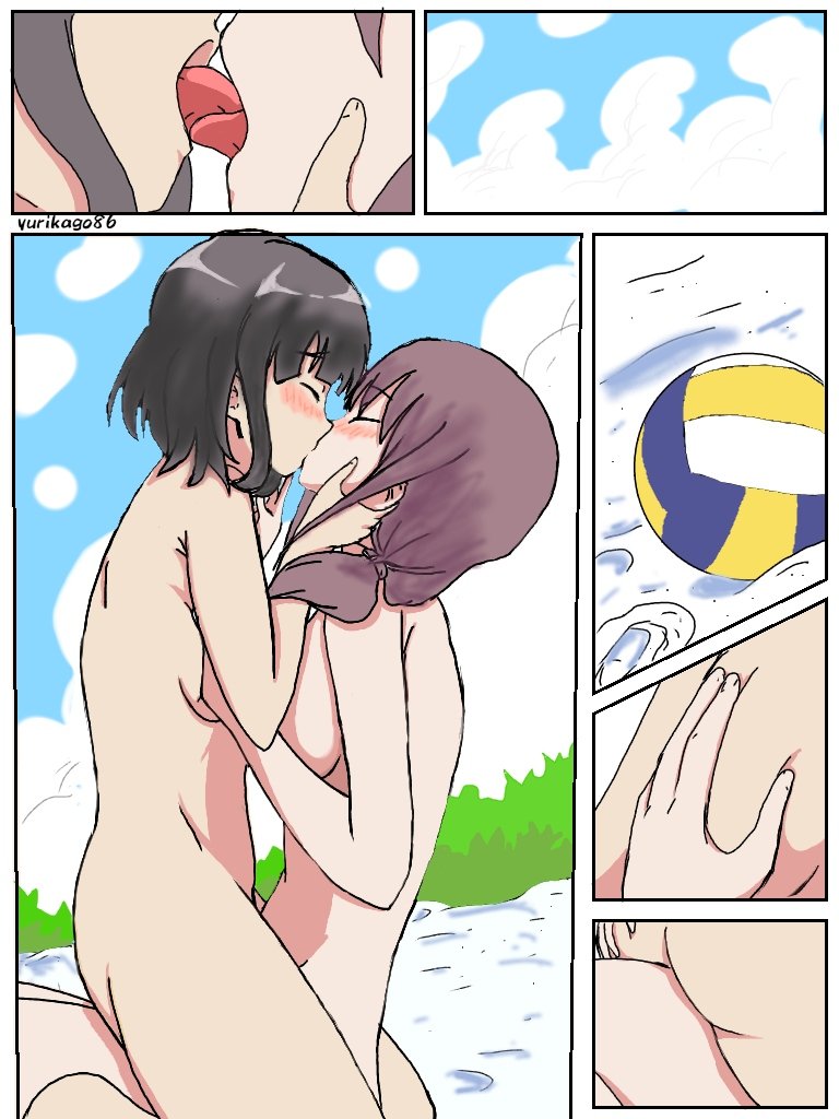 ass bangs beach beach_volleyball black_hair blush breast_grab breast_press breasts brown_hair eyebrows_visible_through_hair eyes_closed grabbing groping hand_on_face harukana_receive higa_kanata holding_close kiss low_twintails medium_breasts nude oozora_haruka_(harukana_receive) outdoors sand short_hair sidelocks skindentation small_breasts tied_hair twintails volleyball_ball yuri