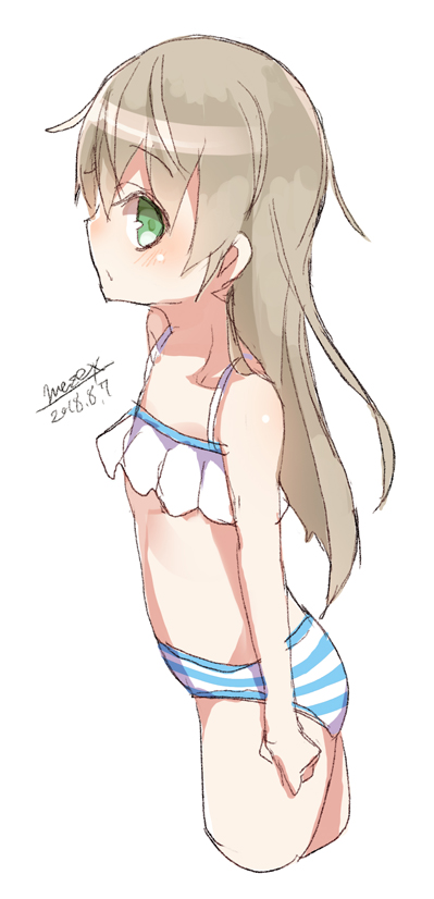 bangs bare_arms bare_shoulders bikini blush closed_mouth collarbone cropped_legs dated eyebrows_visible_through_hair green_eyes hair_between_eyes light_brown_hair long_hair looking_at_viewer looking_to_the_side maze_(gochama_ze_gohan) original profile signature simple_background sketch solo striped_bikini_bottom swimsuit very_long_hair white_background white_bikini_top