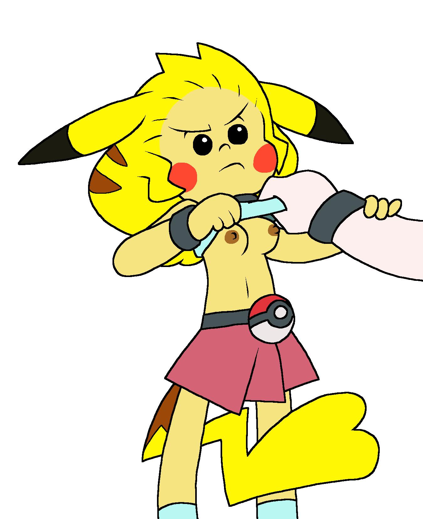 alternate_species animal_humanoid annoyed black_eyes black_hair blonde_hair breasts brown_hair cleft_tail clothed clothing clothing_lift duo female female_focus forced hair hi_res humanoid humanoidized mammal nintendo nipples pikachu pok&eacute;ball pok&eacute;mon pok&eacute;mon_(species) praiz rodent shirt shirt_lift simple_background sketch skirt solo_focus video_games white_background yellow_skin