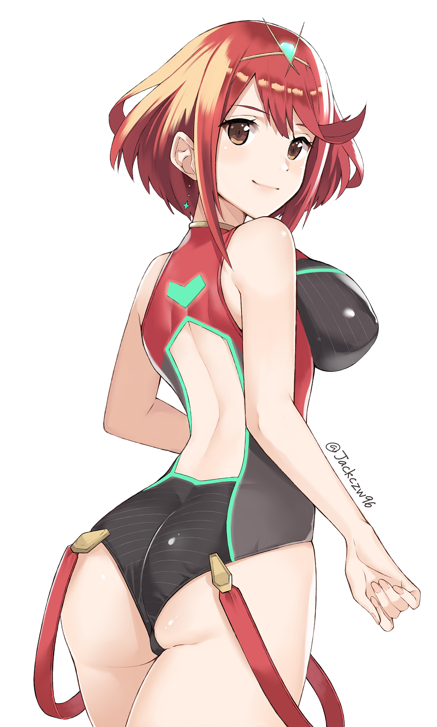 ass back_cutout bangs bare_shoulders breasts brown_eyes earrings highres homura_(xenoblade_2) j@ck jewelry large_breasts looking_at_viewer looking_back one-piece_swimsuit red_hair ribbed_swimsuit short_hair smile solo star star_earrings swept_bangs swimsuit tiara twitter_username xenoblade_(series) xenoblade_2