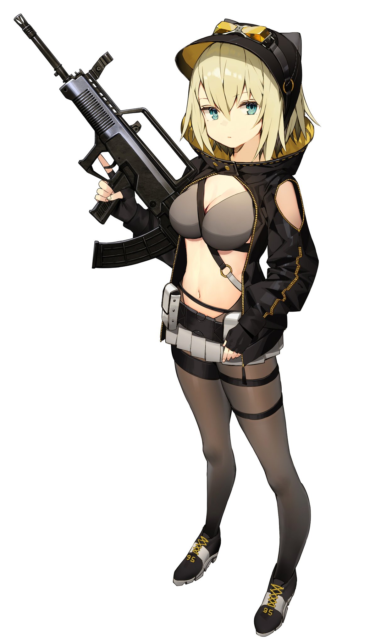 animal_ears animal_hat assault_rifle bangs belt black_gloves black_hat black_jacket blonde_hair blue_eyes blush breasts cat_ears cat_hat cleavage cowboy_shot eyebrows_visible_through_hair fingerless_gloves fingernails gloves gun hair_between_eyes hat highres holding holding_gun holding_weapon jacket large_breasts long_sleeves looking_at_viewer microskirt misoni_comi navel original pantyhose parted_lips pleated_skirt puffy_long_sleeves puffy_sleeves revealing_clothes rifle simple_background skirt solo source_request standing trigger_discipline weapon white_background