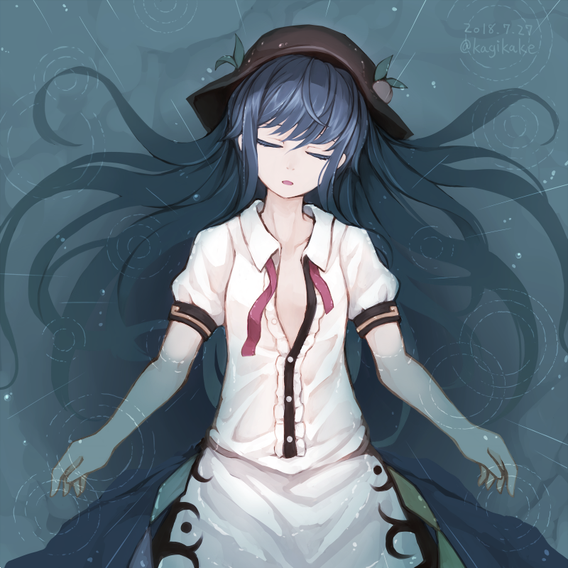 afloat artist_name black_hat blouse blue_hair blue_skirt closed_eyes collarbone commentary cowboy_shot dated from_above hair_spread_out hat hinanawi_tenshi kazaguruma long_hair lying neck_ribbon on_back parted_lips partially_submerged partially_unbuttoned puffy_short_sleeves puffy_sleeves rain red_neckwear red_ribbon ribbon ripples shirt short_sleeves skirt solo sun_hat touhou twitter_username untied water water_drop white_blouse white_shirt wing_collar