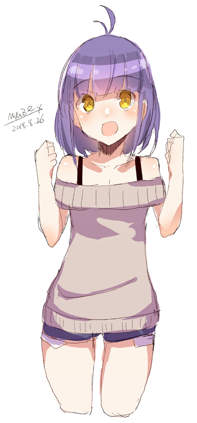 :d antenna_hair bangs bare_shoulders blue_shorts blush brown_eyes brown_shirt clenched_hands collarbone cropped_legs dated eyebrows_visible_through_hair hands_up maze_(gochama_ze_gohan) off-shoulder_shirt open_mouth original purple_hair shirt short_shorts shorts signature simple_background sketch smile solo white_background