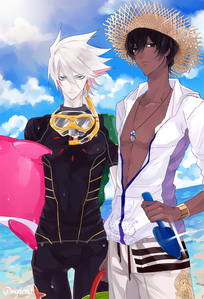 9tsumura arjuna_(fate/grand_order) ass_visible_through_thighs bare_chest beach black_hair blue_sky closed_mouth cloud cloudy_sky collarbone commentary_request dark_skin dark_skinned_male day fate/apocrypha fate/grand_order fate_(series) gold_trim goldion_hammer green_eyes hair_between_eyes holding hood hood_down hooded_jacket jacket jewelry karna_(fate) long_sleeves looking_at_viewer male_focus multiple_boys necklace ocean outdoors pale_skin skin_tight skinny sky spiked_hair standing sunlight thigh_gap toned unzipped very_dark_skin white_hair