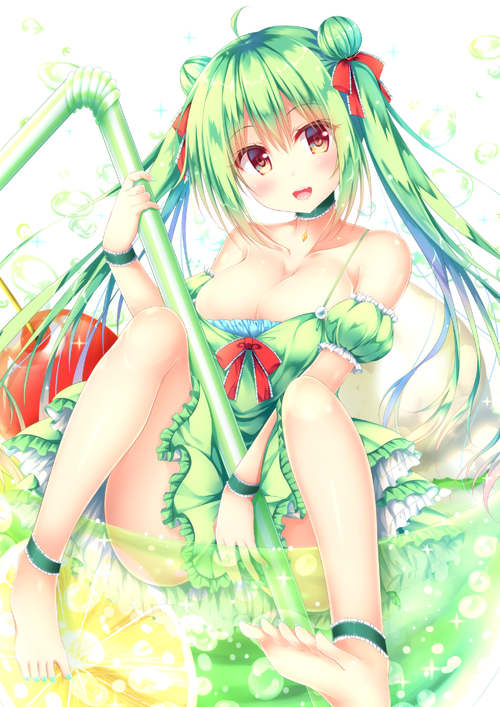 :d ahoge bangs bare_shoulders barefoot bendy_straw blush bow brown_eyes cherry commentary_request detached_sleeves double_bun dress drinking_straw eyebrows_visible_through_hair fingernails food fruit green_dress green_hair green_nails hair_between_eyes long_hair looking_at_viewer melon_soda nail_polish open_mouth original puffy_short_sleeves puffy_sleeves red_bow short_sleeves side_bun sidelocks sitting sleeveless sleeveless_dress smile soles solo strap_slip suzukawa_yui toenail_polish toenails twintails upper_teeth very_long_hair