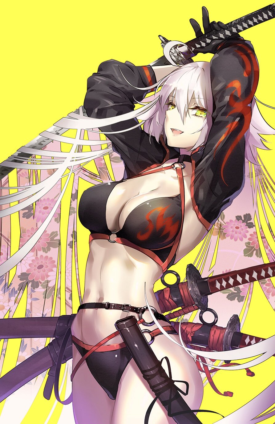 :d ahoge arm_over_head arms_up belt belt_buckle bikini black_bikini black_choker black_gloves black_jacket breasts buckle choker cleavage collarbone commentary_request cowboy_shot cropped_jacket double_exposure fate/grand_order fate_(series) floral_print flower gloves grey_hair hair_between_eyes highres holding holding_sword holding_weapon jacket jeanne_d'arc_(alter_swimsuit_berserker) jeanne_d'arc_(fate)_(all) katana large_breasts long_hair long_sleeves looking_at_viewer multiple_swords navel o-ring o-ring_bikini o-ring_bottom o-ring_top open_mouth pink_flower sheath sheathed shrug_(clothing) simple_background smile solo standing stomach swimsuit sword thighs tsurukame very_long_hair weapon white_hair yellow_background yellow_eyes
