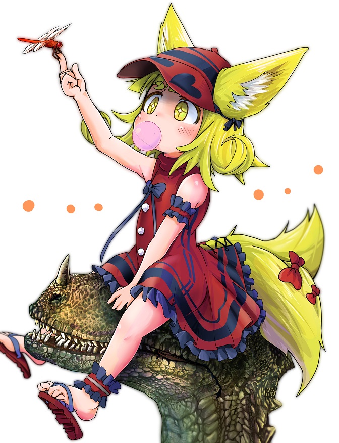 1girl animal_ears bangs blonde_hair blunt_bangs blush bow bubble_blowing bug chewing_gum commentary_request curly_hair doitsuken dragon dragonfly dress ears_through_headwear eyebrows_visible_through_hair fox_child_(doitsuken) fox_tail hand_up hat index_finger_raised insect insect_on_finger multiple_tails original red_bow red_dress red_footwear red_hat sandals short_hair simple_background solo tail tail_bow thick_eyebrows two_tails white_background yellow_eyes