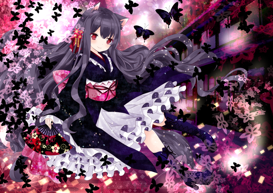 animal animal_ears bangs blush boots bug building butterfly cat_ears closed_mouth commentary_request eyebrows_visible_through_hair fan flower folding_fan frilled_kimono frills grey_hair hair_between_eyes hair_flower hair_ornament head_tilt high_heels holding holding_fan insect japanese_clothes kimono knee_boots long_hair long_sleeves looking_at_viewer nanase_kureha nanase_nao obi original partial_commentary purple_footwear purple_kimono red_eyes red_flower sash sleeves_past_wrists smile solo very_long_hair wide_sleeves
