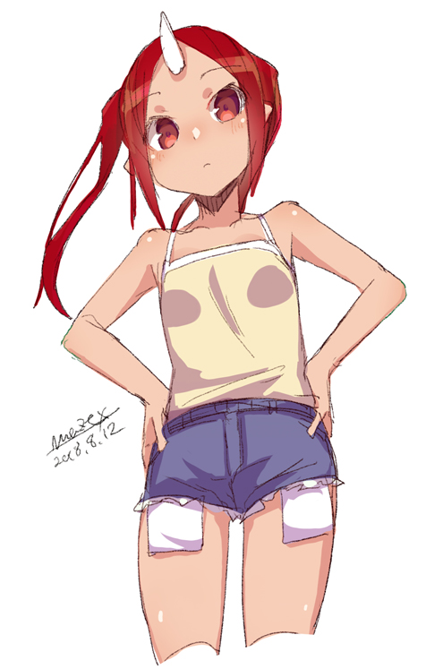 bangs bare_arms bare_shoulders blue_shorts blush breasts camisole closed_mouth collarbone cropped_legs dated eyebrows_visible_through_hair hands_on_hips horn leaning_to_the_side long_hair maze_(gochama_ze_gohan) original parted_bangs red_eyes red_hair short_shorts shorts sidelocks signature simple_background sketch small_breasts solo twintails white_background yellow_camisole