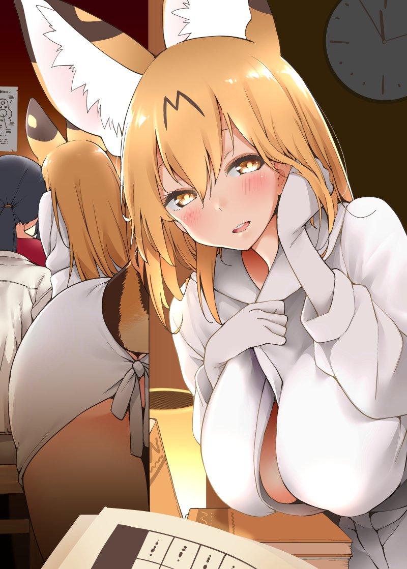 alternate_breast_size alternate_hair_length alternate_hairstyle animal_ears ass bathrobe bent_over black_hair blonde_hair blush bow clock commentary extra_ears gloves hair_bow hair_tucking hayashi_(l8poushou) kaban_(kemono_friends) kemono_friends looking_at_viewer multiple_views parted_lips ponytail serval_(kemono_friends) serval_ears serval_tail smile tail wall_clock white_gloves yellow_eyes