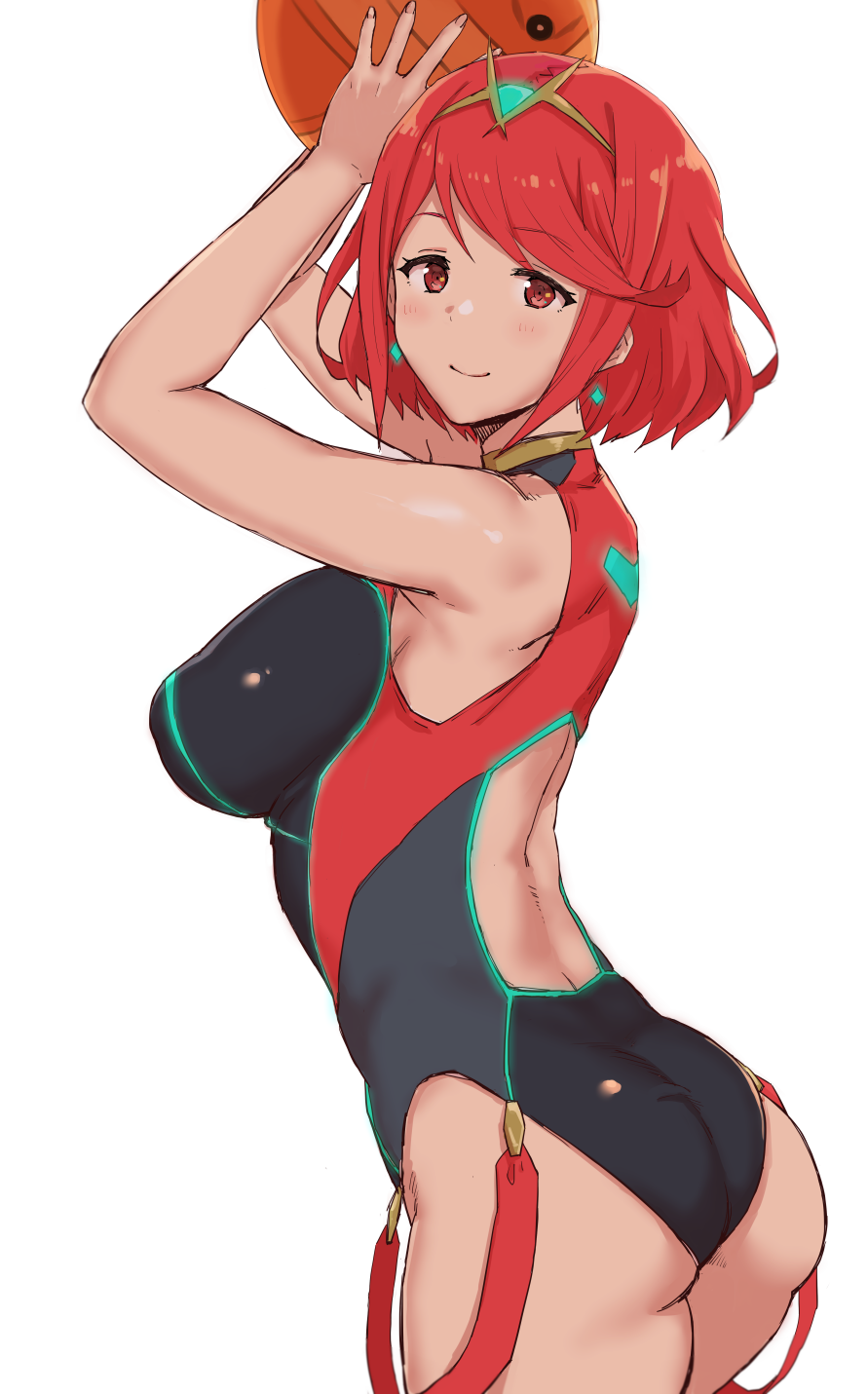 1girl ass back_cutout ball bangs bare_shoulders beach_ball breasts brown_eyes competition_swimsuit earrings go-m homura_(xenoblade_2) jewelry large_breasts looking_at_viewer looking_back nintendo one-piece_swimsuit red_hair short_hair smile star star_earrings swept_bangs swimsuit tiara xenoblade_(series) xenoblade_2