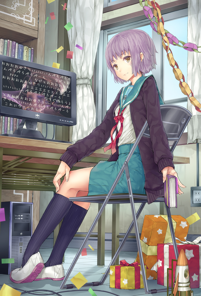 :| aqua_skirt book bookshelf box brown_eyes cardigan chair closed_mouth computer confetti curtains desk folding_chair from_side full_body gift gift_box hand_on_own_knee holding holding_book hourainingyou indoors kita_high_school_uniform kneehighs long_sleeves looking_at_viewer looking_to_the_side monitor nagato_yuki neck_ribbon paper_chain purple_hair ribbon rocket school_uniform serafuku shirt shoes short_hair sitting skirt solo suzumiya_haruhi_no_yuuutsu tile_floor tiles toy translation_request uwabaki white_shirt window