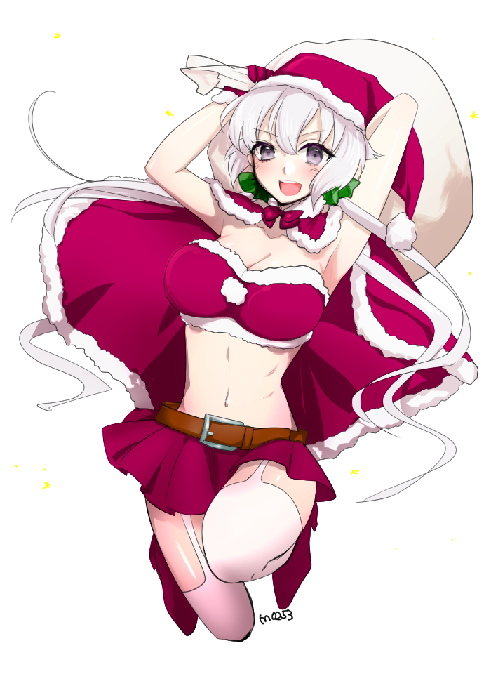 alternate_costume arms_behind_back artist_name blush breasts cape christmas cleavage commentary_request fur-trimmed_cape fur_trim grey_hair hair_between_eyes hat large_breasts long_hair mo253 purple_eyes sack santa_costume santa_hat senki_zesshou_symphogear solo thighhighs thighs white_background yukine_chris