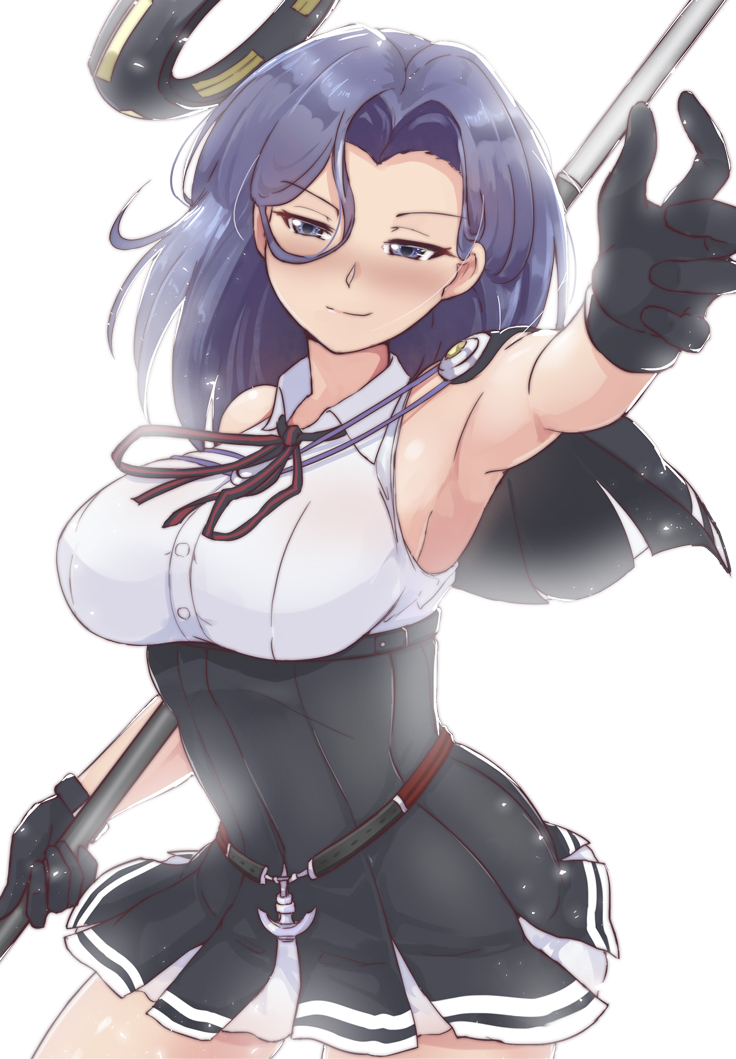 black_gloves black_skirt blush breasts capelet commentary gloves kantai_collection large_breasts light_smile looking_at_viewer medium_hair outstretched_hand polearm purple_eyes purple_hair remodel_(kantai_collection) skirt solo tatsuta_(kantai_collection) weapon white_background wo_jianqiang_fu_guo