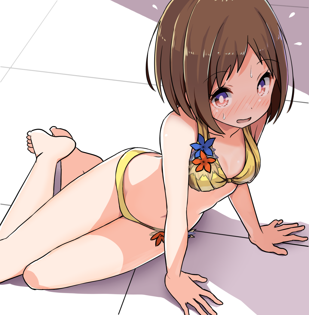 arm_support bang_dream! bangs bare_arms bare_legs bare_shoulders barefoot bikini blush breasts brown_eyes brown_hair collarbone commentary_request eyebrows_visible_through_hair hazawa_tsugumi multicolored multicolored_eyes nose_blush parted_lips partial_commentary purple_eyes shipii_(jigglypuff) short_hair small_breasts solo swimsuit tile_floor tiles wet yellow_background yellow_bikini