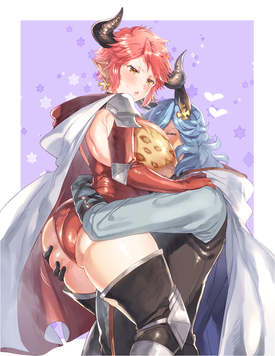 1girl :o anger_vein animal_ears animal_print ass ass_grab bangs between_breasts black_footwear blue_hair blue_shirt blush boots border breasts cape closed_eyes cow_ears cow_horns cross cross_earrings curvy drang_(granblue_fantasy) draph earrings elbow_gloves elbow_pads eno_yukimi erune eyebrows_visible_through_hair gloves granblue_fantasy hand_on_another's_shoulder head_between_breasts heart holding_person hood hood_down hooded_cape horns hug huge_breasts jewelry knee_pads leopard_print leotard long_hair long_sleeves looking_at_another orange_eyes outside_border pointy_ears purple_background red_cape red_gloves red_hair red_leotard revision shiny shiny_hair shiny_skin shirt short_hair shoulder_armor shoulder_blades sidelocks spaulders standing star starry_background sturm_(granblue_fantasy) thigh_boots thighhighs v-shaped_eyebrows wavy_hair white_border