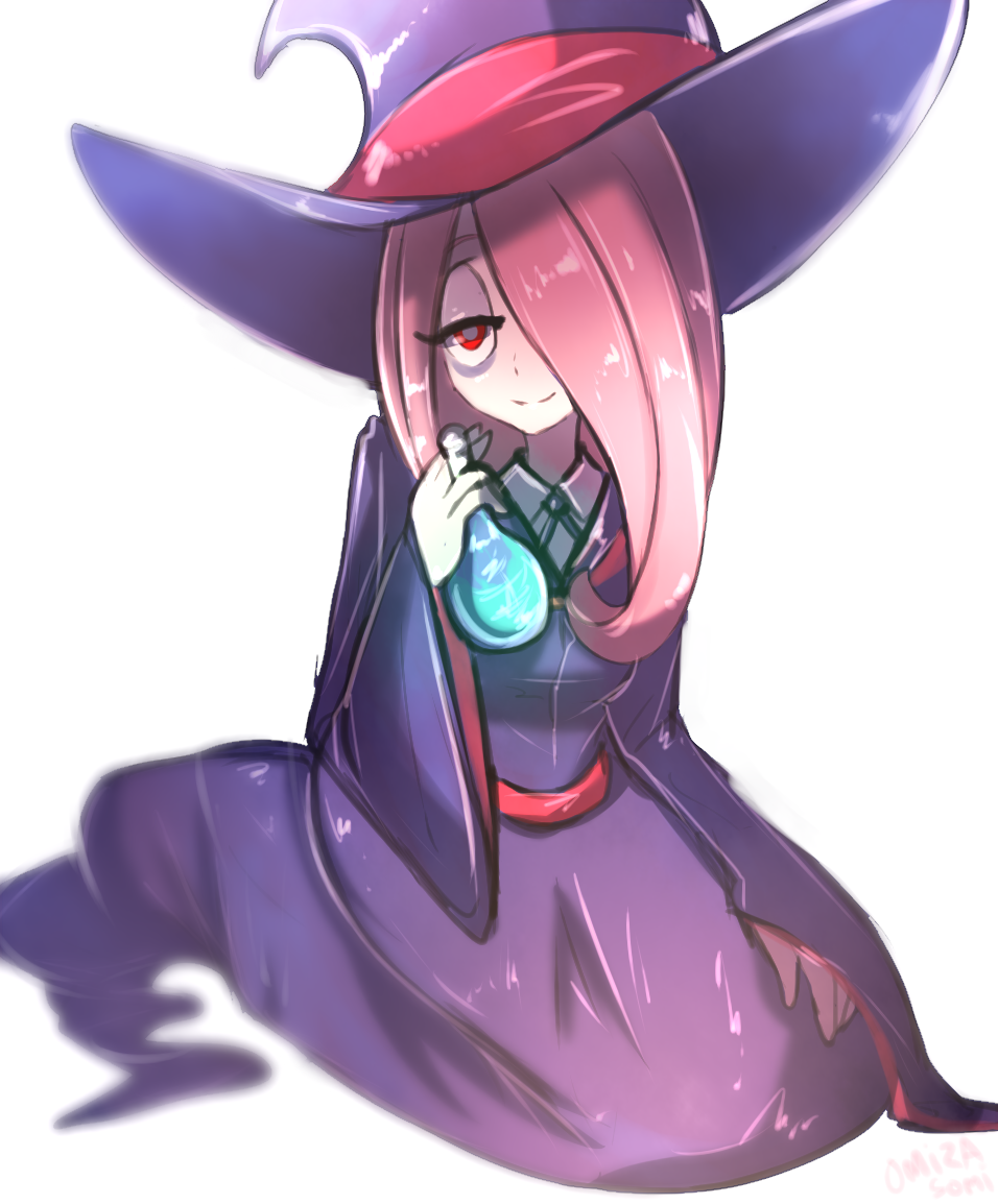 artist_name blurry blurry_background bottle commentary english_commentary flask hair_over_one_eye half-closed_eye hat little_witch_academia long_hair luna_nova_school_uniform omiza-zu pale_skin pink_hair potion red_eyes signature simple_background smile solo sucy_manbavaran very_long_sleeves watermark white_background witch witch_hat
