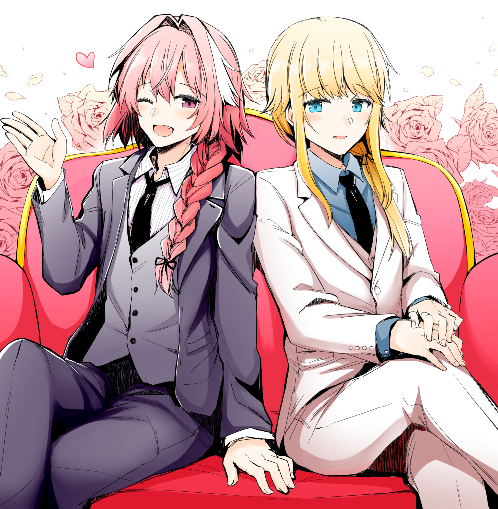 1other :d ;d arm_at_side astolfo_(fate) bangs black_neckwear black_ribbon blonde_hair blue_eyes blue_shirt blush braid chevalier_d'eon_(fate/grand_order) collared_shirt couch cross eyebrows_visible_through_hair fang fate/grand_order fate_(series) floral_background flower formal grey_vest hair_intakes hair_over_shoulder hair_ribbon hand_up heart jacket long_hair long_sleeves low_ponytail multicolored_hair necktie on_couch one_eye_closed open_clothes open_jacket open_mouth own_hands_together pants petals pink_flower pink_hair pink_rose purple_eyes purple_jacket ribbon rose rose_petals rui_shi_(rayze_ray) shirt sidelocks single_braid sitting smile streaked_hair striped striped_shirt suit vertical-striped_shirt vertical_stripes very_long_hair vest waving white_background white_hair white_jacket white_pants white_shirt wing_collar