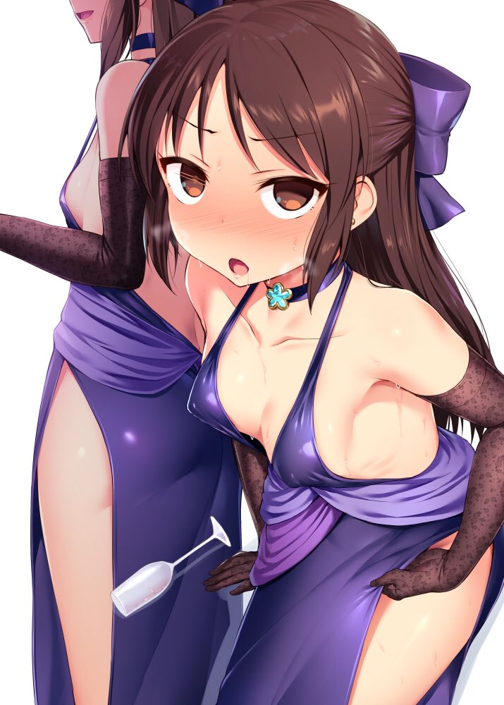 ass backless_dress backless_outfit blush bow breasts breath brown_eyes brown_gloves brown_hair champagne_flute choker cleavage collarbone commentary_request covered_nipples cup dress drinking_glass drugged earrings elbow_gloves empty_eyes eyebrows_visible_through_hair gloves hair_bow half_updo halterneck heavy_breathing idolmaster idolmaster_cinderella_girls jewelry long_hair looking_at_viewer multiple_views open_mouth purple_dress satou_kuuki side_slit simple_background small_breasts smile strap_gap stud_earrings sweat tachibana_arisu white_background
