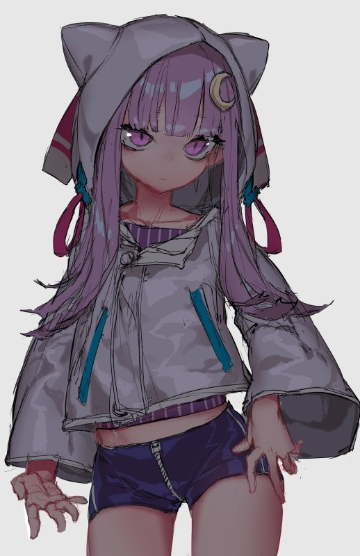 animal_ears belly_peek blue_shorts cat_ears crescent crescent_hair_ornament cropped_jacket crotch_zipper expressionless hair_ornament hood hoodie long_hair patchouli_knowledge purple_eyes purple_hair purple_hood purple_hoodie short_shorts shorts solo thighs thupoppo touhou wide_sleeves zipper