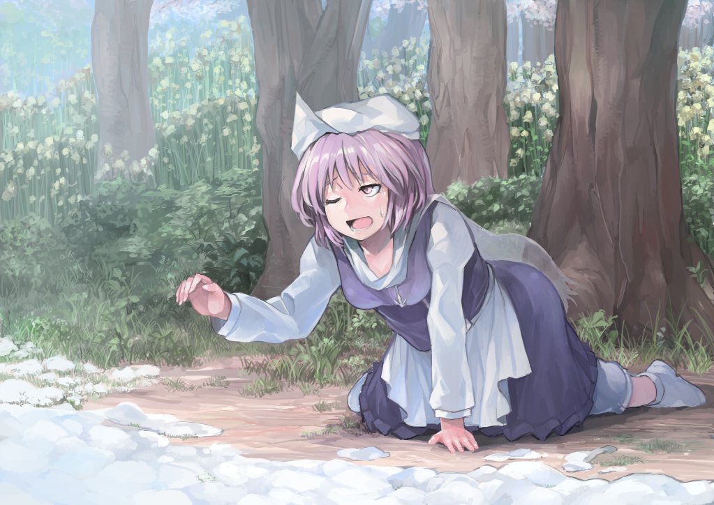 apron bangs bloomers blue_skirt blue_vest breasts cleavage flower forest grass hand_up hat ichiba_youichi juliet_sleeves kneeling lavender_eyes lavender_hair letty_whiterock long_sleeves looking_afar nature one_eye_closed open_mouth outdoors pin polearm puffy_long_sleeves puffy_sleeves reaching_out scarf short_hair skirt snow solo sweatdrop touhou transparent tree trident underwear vest waist_apron weapon white_footwear