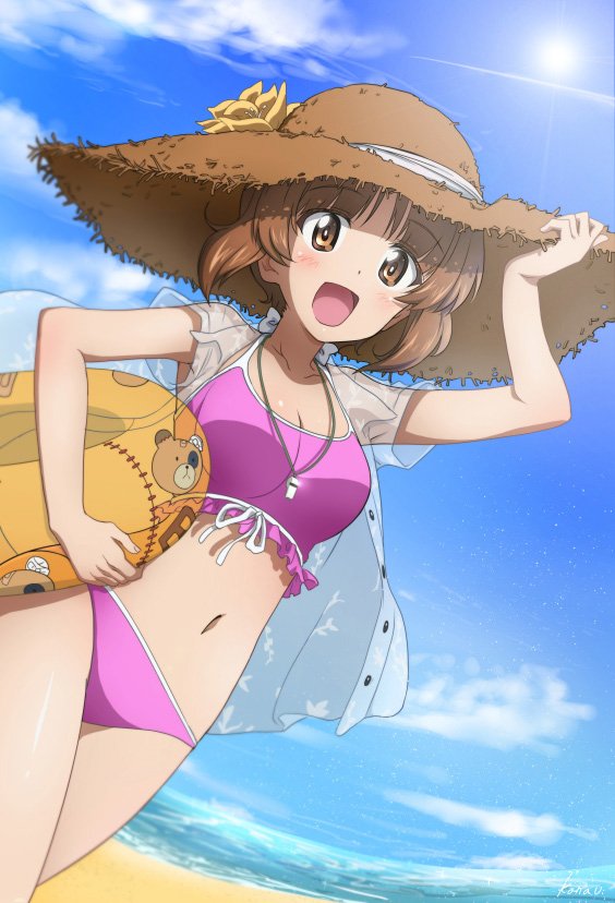 adjusting_clothes adjusting_hat animal_print artist_name bandages bandaid bangs beach bear_print bikini blue_sky boko_(girls_und_panzer) breasts brown_eyes brown_hair brown_hat cleavage cloud cloudy_sky commentary cowboy_shot day flower frilled_bikini frills girls_und_panzer hat hat_flower hat_ribbon holding innertube jewelry kanau looking_at_viewer medium_breasts necklace nishizumi_miho ocean open_mouth pink_bikini ribbon see-through shirt short_hair short_sleeves signature sky smile solo standing straw_hat stuffed_animal stuffed_toy sun sun_hat swimsuit teddy_bear whistle white_shirt