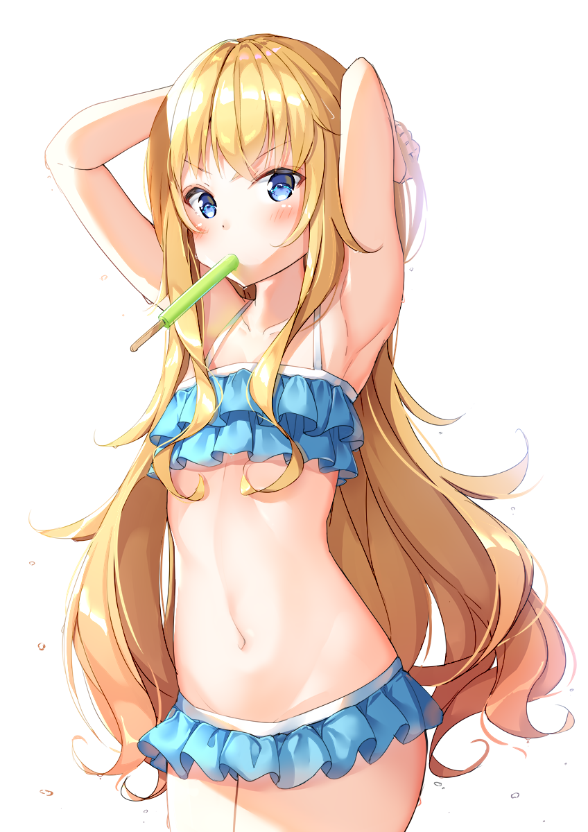 armpits arms_up bikini blonde_hair blue_bikini blue_eyes blush breasts collarbone commentary cowboy_shot food frilled_bikini frills gabriel_dropout hands_in_hair highres ice_cream long_hair looking_at_viewer messy_hair mouth_hold navel popsicle shiero. simple_background small_breasts solo standing swimsuit tenma_gabriel_white very_long_hair white_background