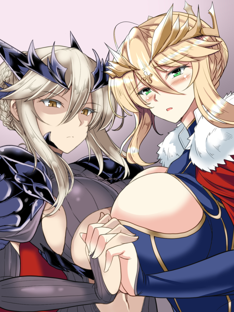 ahoge armor artoria_pendragon_(all) artoria_pendragon_(lancer) artoria_pendragon_(lancer_alter) blonde_hair blush braid breasts cape cleavage commentary_request crown crown_braid dual_persona expressionless eyebrows_visible_through_hair fate/grand_order fate_(series) fur_trim green_eyes holding_hands large_breasts looking_at_viewer multiple_girls navel pale_skin red_cape shoulder_armor simple_background stomach tiara underboob upper_body yasakani_an yellow_eyes