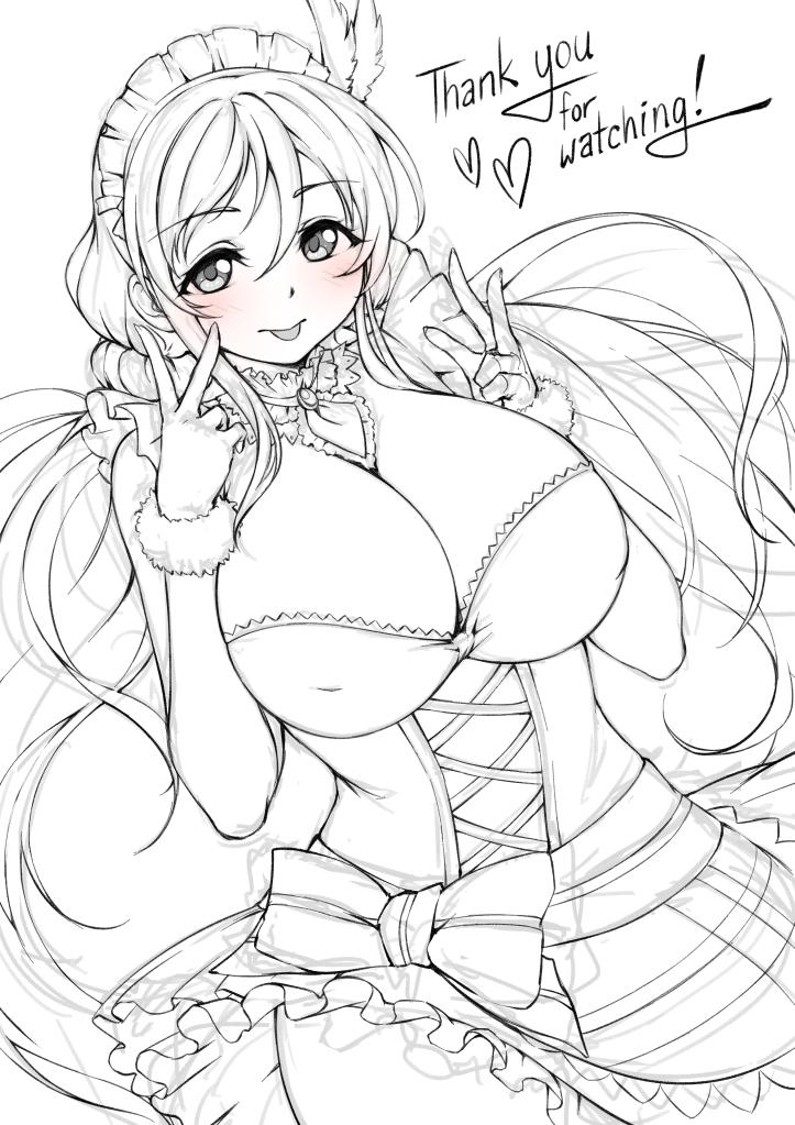 :p blush bow breasts cleavage commentary corset cowboy_shot dutch_angle english_commentary eyebrows_visible_through_hair gem gloves greyscale hands_up heart huge_breasts lineart long_hair looking_at_viewer love_live! love_live!_school_idol_project low_twintails maid_headdress mogyutto_"love"_de_sekkin_chuu! monochrome pas_(paxiti) simple_background sketch solo spot_color thank_you tongue tongue_out toujou_nozomi twintails w white_background work_in_progress
