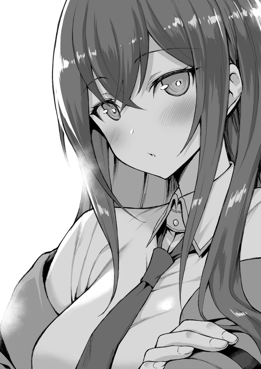 :o bangs blush breasts collared_shirt crossed_arms eyebrows_visible_through_hair greyscale hair_between_eyes highres jacket long_hair long_sleeves looking_at_viewer makise_kurisu medium_breasts monochrome mushi024 necktie off_shoulder shiny shiny_hair shirt solo steins;gate upper_body white_background