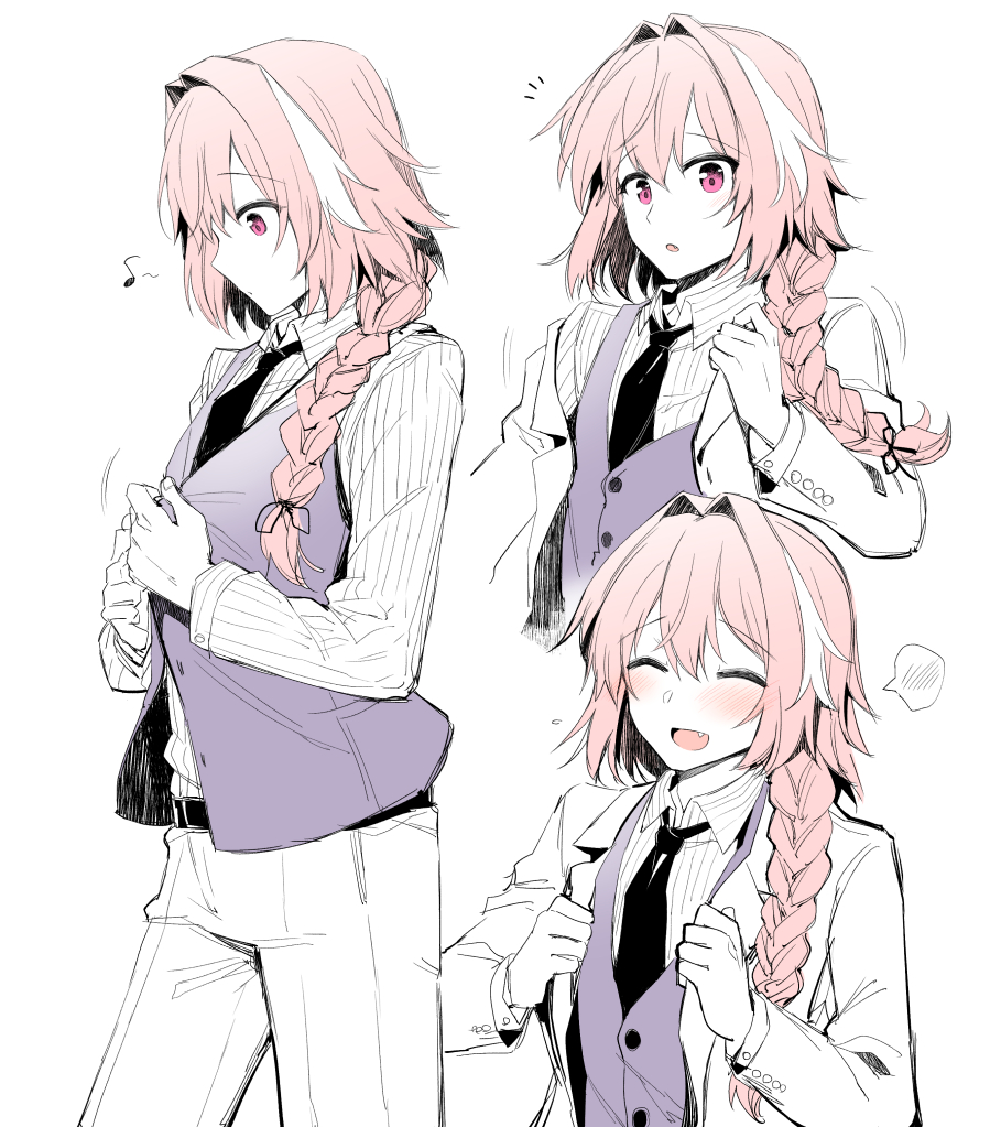 1boy :o ^_^ astolfo_(fate) bangs belt black_neckwear black_ribbon braid closed_eyes closed_mouth collared_shirt dressing eighth_note eyebrows_visible_through_hair fang fate/grand_order fate_(series) flying_sweatdrops formal hair_intakes hair_ribbon long_sleeves looking_at_viewer male_focus motion_lines multicolored_hair multiple_views musical_note necktie open_mouth pants pink_hair purple_eyes purple_vest ribbon rui_shi_(rayze_ray) shirt simple_background single_braid speech_bubble spoken_blush streaked_hair striped striped_shirt suit upper_body vertical-striped_shirt vertical_stripes vest whistling white_background white_hair white_pants white_shirt wing_collar