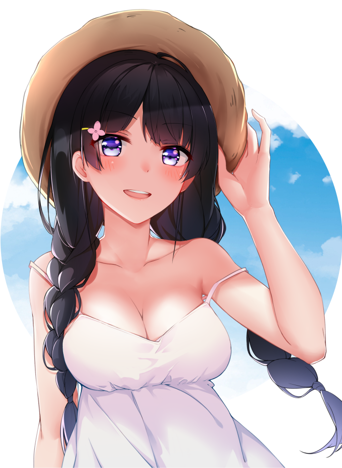 :d akaza_akari_(artist) arm_at_side bangs bare_arms bare_shoulders blue_eyes blue_sky blush braid breasts brown_hat cleavage collarbone commentary_request day dress eyebrows_visible_through_hair flower hair_flower hair_ornament hairclip hand_on_headwear hand_up hat long_hair looking_at_viewer medium_breasts nijisanji open_mouth outside_border round_teeth sky sleeveless sleeveless_dress smile solo strap_slip sundress teeth tsukino_mito twin_braids upper_body upper_teeth virtual_youtuber white_dress