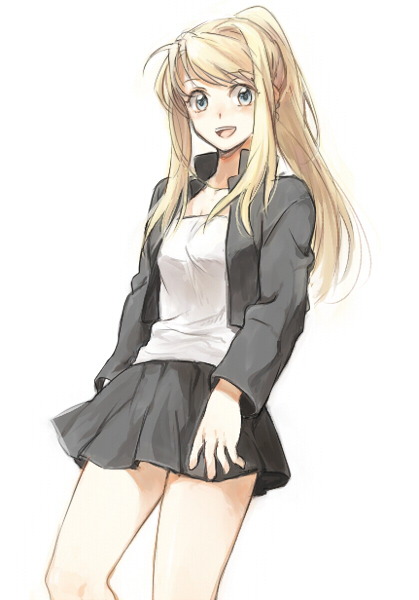 :d bangs bare_legs black_skirt blonde_hair blue_eyes cowboy_shot eyebrows_visible_through_hair fullmetal_alchemist happy jacket long_hair looking_at_viewer open_mouth ponytail riru shirt simple_background skirt smile solo thighs upper_body white_background white_shirt winry_rockbell