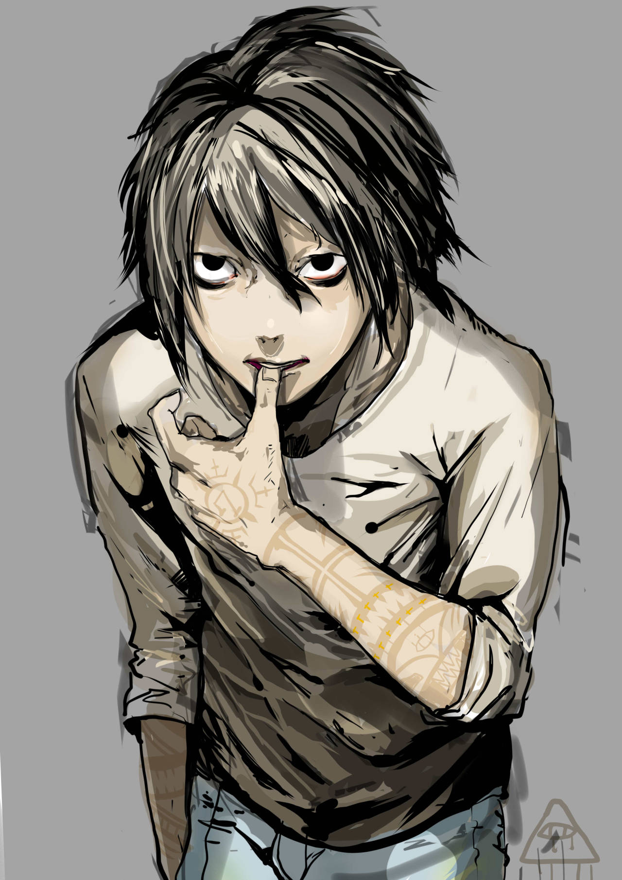 bags_under_eyes biting black_eyes black_hair death_note grey_background hair_between_eyes highres hiranko l_(death_note) leaning_forward looking_at_viewer male_focus pants sanpaku shirt signature simple_background solo standing t-shirt tattoo thumb_biting