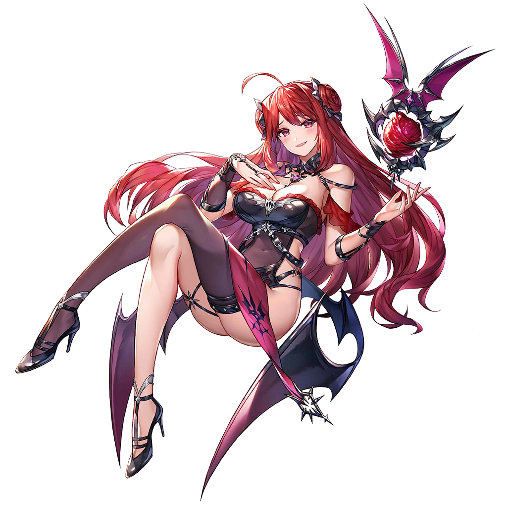 ahoge ass asymmetrical_gloves asymmetrical_legwear bare_shoulders bat_wings black_legwear blush breasts choker covered_navel crossed_legs double_bun erze_(king's_raid) frills full_body gloves hand_on_own_chest high_heels king's_raid large_breasts looking_at_viewer nail_polish official_art open_mouth orb red_eyes red_hair single_thighhigh slit_pupils smile solo thighhighs transparent_background wings wristlet