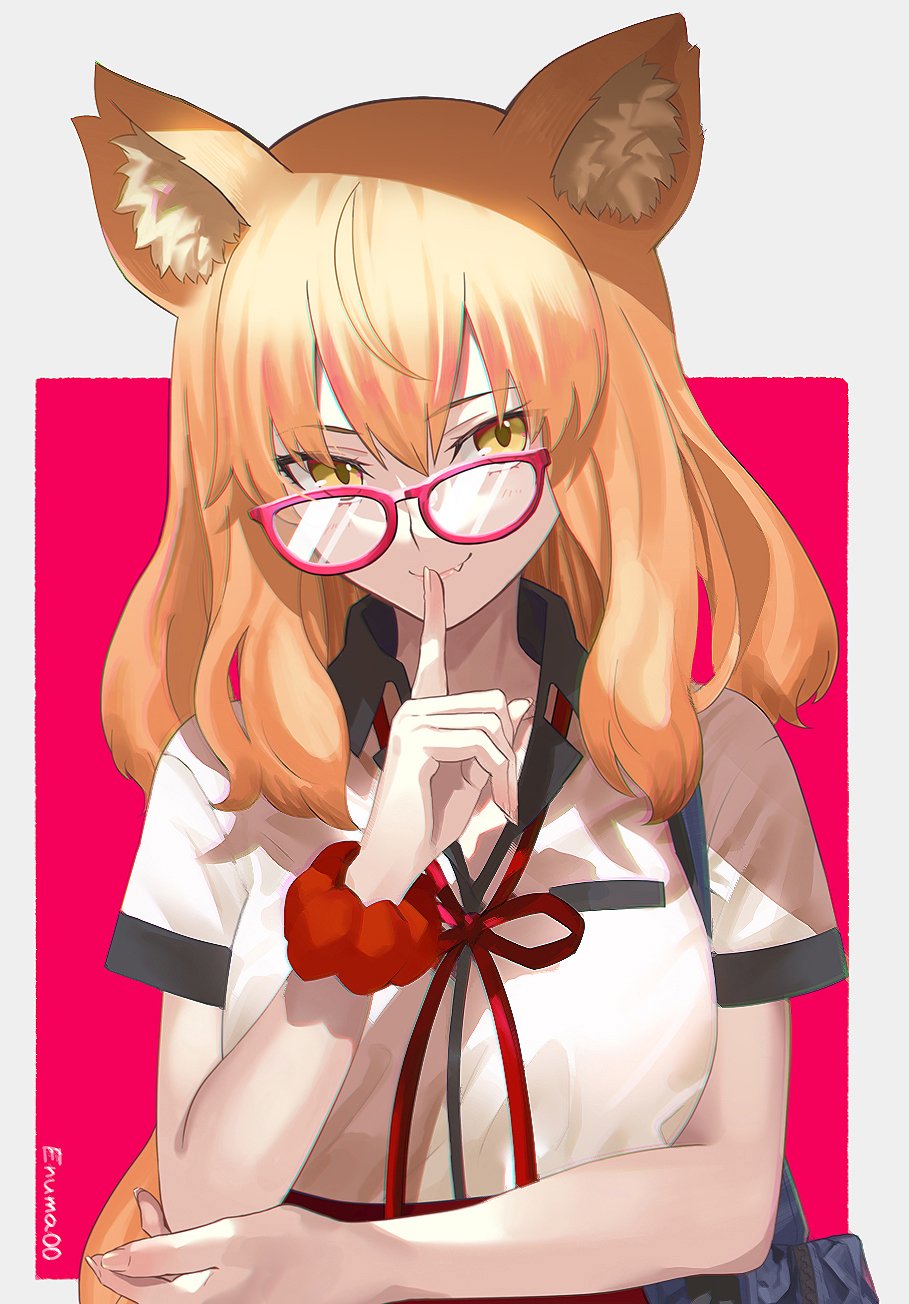 animal_ears aora bag bespectacled commentary fang fate/extra fate/extra_ccc fate/extra_ccc_fox_tail fate/grand_order fate_(series) finger_to_mouth fox_ears fox_tail glasses highres long_hair school_bag scrunchie signature smile suzuka_gozen_(fate) tail wrist_scrunchie