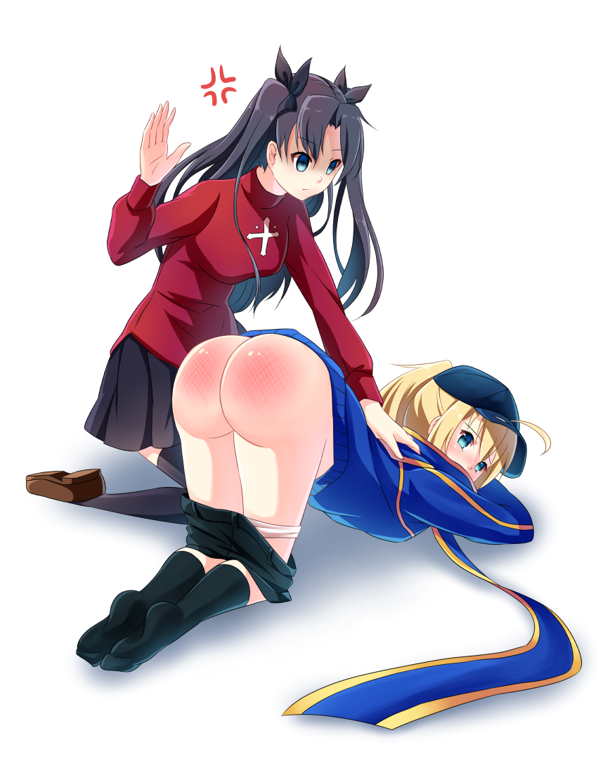 ahoge angry artoria_pendragon_(all) ass black_hair black_legwear black_shorts black_skirt blonde_hair blue_eyes blue_hat brown_footwear commentary_request fate/grand_order fate_(series) hair_ribbon hand_on_another's_back hand_up hat long_hair long_sleeves multiple_girls mysterious_heroine_x panties panty_pull pleated_skirt ribbon shoes shorts shorts_down shorts_pull simple_background skirt spanked spanking toosaka_rin two_side_up underwear y_y-sea-m_m