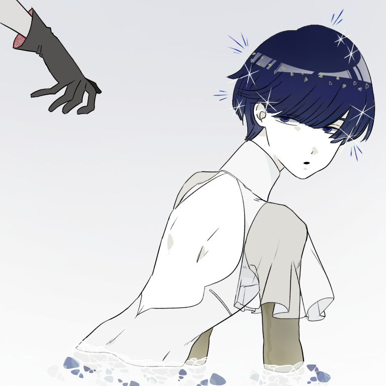 androgynous antarcticite back_cutout bangs blue_eyes blue_hair blunt_bangs crystal_hair gloves golden_arms hikurage_(hikurage10) houseki_no_kuni out_of_frame outstretched_hand partially_submerged phosphophyllite phosphophyllite_(ll) see-through short_hair sparkle spoilers upper_body water
