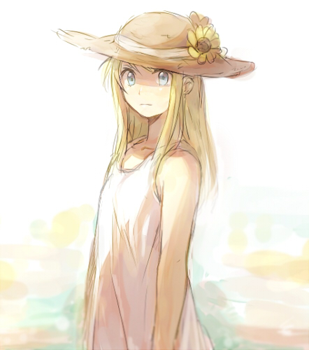 arms_at_sides bare_arms bare_shoulders blonde_hair blue_background blue_eyes dress expressionless flat_chest flower fullmetal_alchemist gradient gradient_background hair_flower hair_ornament hat long_hair looking_away lowres orange_background pink_background riru simple_background sleeveless sleeveless_dress solo standing straw_hat sunflower upper_body white_background white_dress winry_rockbell yellow_flower