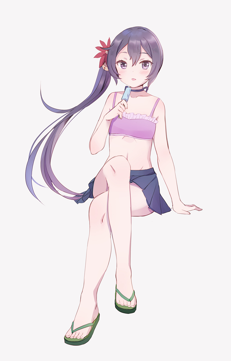 akebono_(kantai_collection) bangs bell bikini bikini_top blush choker collarbone commentary crossed_legs emia_wang eyebrows_visible_through_hair flower food frilled_bikini frills full_body green_footwear hair_bell hair_between_eyes hair_flower hair_ornament highres holding jingle_bell kantai_collection legs long_hair long_legs looking_at_viewer navel popsicle purple_eyes purple_hair side_ponytail simple_background skirt slippers solo swimsuit tongue tongue_out very_long_hair