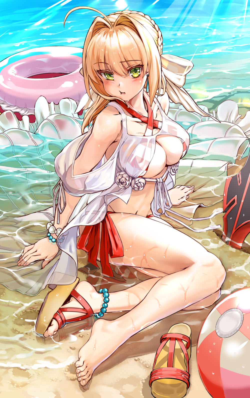 :t ahoge anklet arm_support ball bangs barefoot beach beachball bead_bracelet beads bikini blonde_hair blush bracelet braid breasts chinese_commentary cleavage closed_mouth collarbone commentary_request criss-cross_halter day earrings eyebrows_visible_through_hair fate/grand_order fate_(series) feet french_braid green_eyes hair_intakes hair_ribbon halter_top halterneck highres innertube jewelry long_hair looking_at_viewer md5_mismatch navel nero_claudius_(fate)_(all) nero_claudius_(swimsuit_caster)_(fate) ocean outdoors platform_footwear pout red_bikini ribbon sand sandals shoes side-tie_bikini sidelocks single_shoe sitting solo striped striped_bikini swimsuit toes water white_ribbon yewang19 yokozuwari