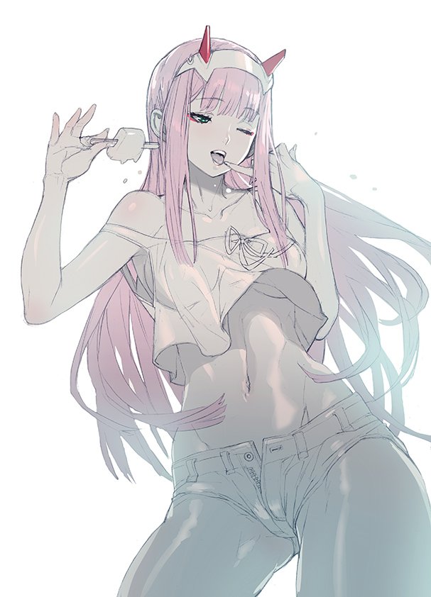 :d bangs bare_shoulders breasts commentary_request covered_nipples crop_top darling_in_the_franxx denim eyebrows_visible_through_hair eyeshadow finger_to_mouth food green_eyes hairband holding holding_food horns jeans maeshima_shigeki makeup medium_breasts midriff navel one_eye_closed oni_horns open_mouth pants pink_hair red_horns smile standing straight_hair strap_slip unbuttoned_pants underboob white_hairband zero_two_(darling_in_the_franxx)
