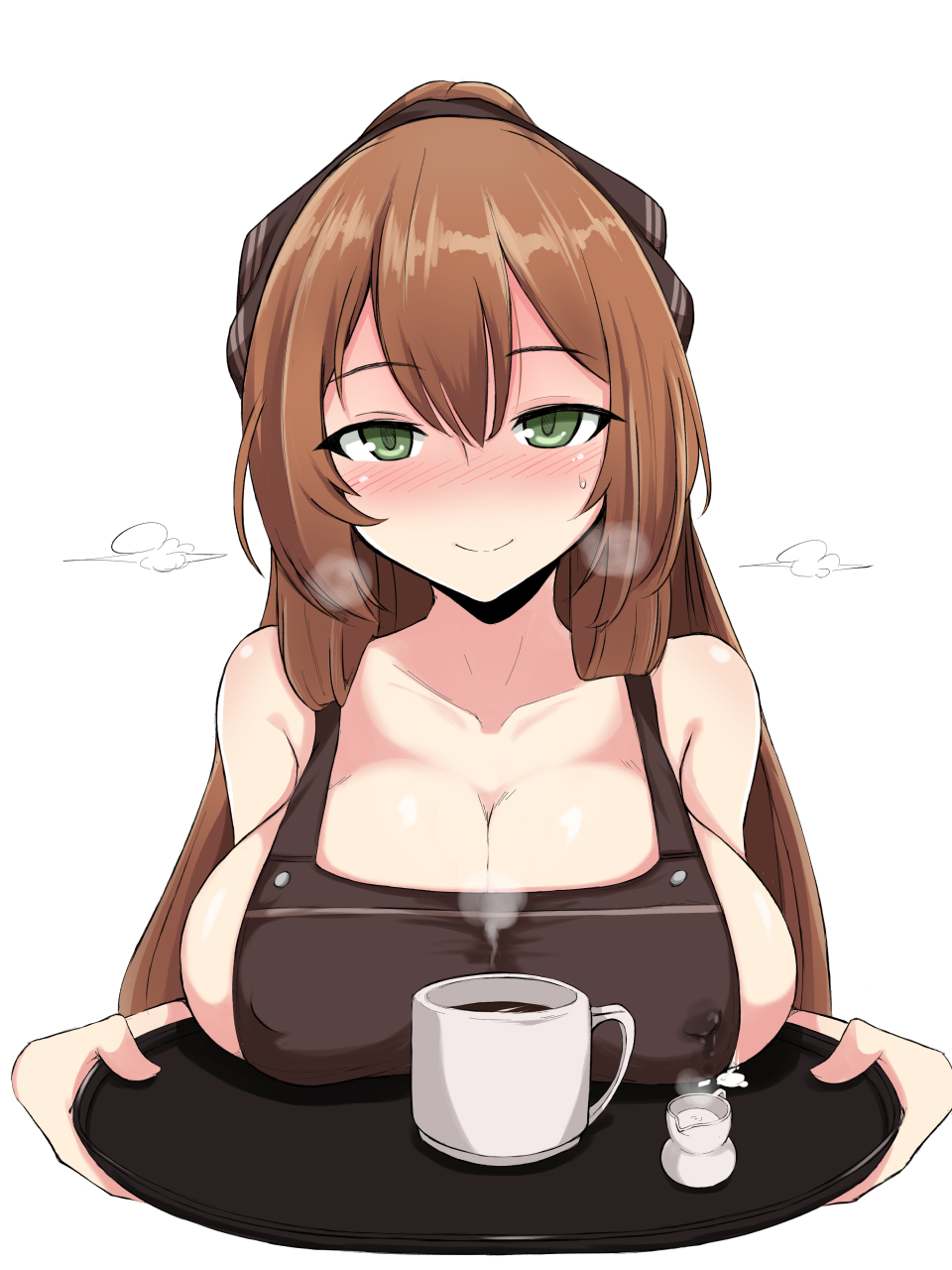 apron bangs blush breast_rest breasts brown_hair cleavage coffee coffee_mug commentary covered_nipples cup eyebrows_visible_through_hair girls_frontline green_eyes hair_between_eyes hair_ribbon heavy_breathing highres holding holding_tray kumasteam lactation lactation_through_clothes large_breasts long_hair looking_at_viewer m1903_springfield_(girls_frontline) milk mug naked_apron nose_blush pitcher ribbon sidelocks simple_background smile solo steam sweat sweatdrop tray white_background