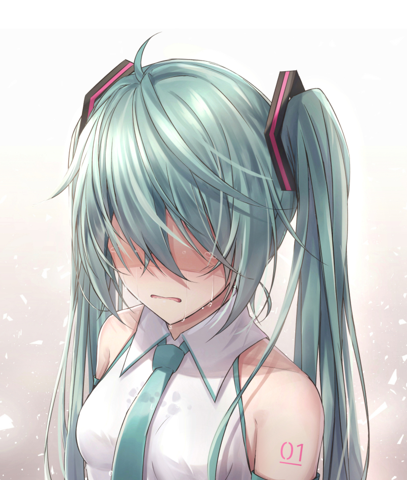 ahoge akira_(been0328) bangs bare_shoulders breasts collarbone collared_shirt commentary crying detached_sleeves eyebrows_visible_through_hair facing_viewer green_hair green_neckwear hair_ornament hair_over_eyes hatsune_miku long_hair necktie no_eyes parted_lips shaded_face shirt sleeveless sleeveless_shirt small_breasts solo tears twintails vocaloid wet wet_clothes wet_shirt white_shirt
