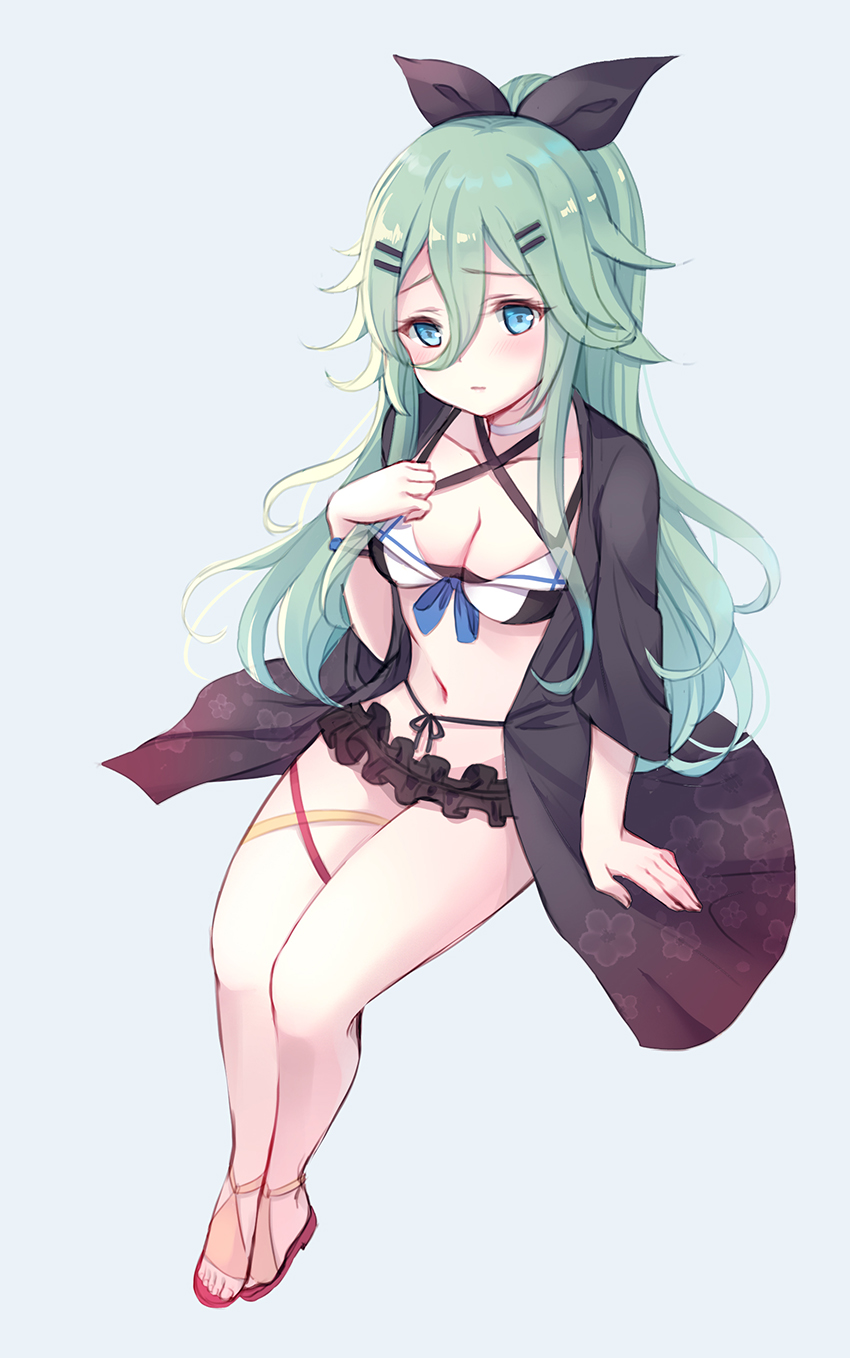 bangs bikini black_ribbon blue_eyes blue_ribbon blush breasts cleavage collarbone commentary emia_wang eyebrows_visible_through_hair floral_print frilled_bikini frills green_hair hair_between_eyes hair_ornament hair_ribbon hairclip hand_on_own_chest highres jacket kantai_collection legs long_hair looking_at_viewer navel open_mouth parted_bangs ponytail red_ribbon ribbon sidelocks simple_background sitting solo swimsuit swimsuit_under_clothes thighs yamakaze_(kantai_collection) yellow_ribbon